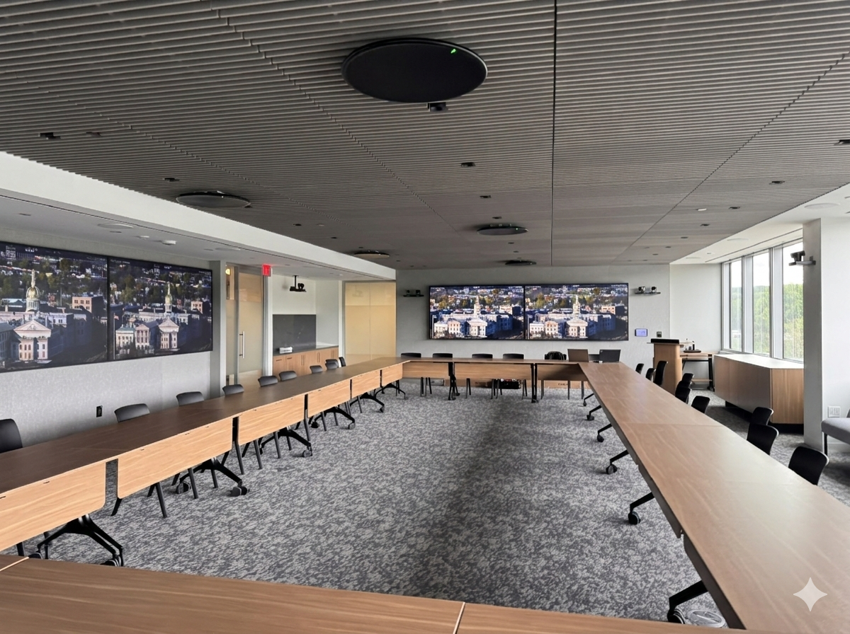 Fortune 500 multipurpose collaboration space with dual displays